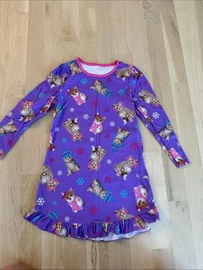 Girls' Purple Cat Print Long-Sleeve Nightgown with Ruffle Hem